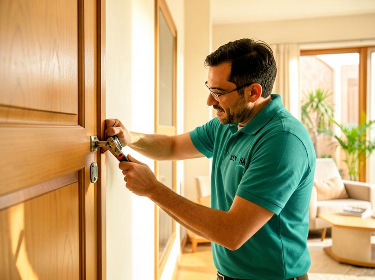 Technicien de maintenance réparant une porte dans un logement