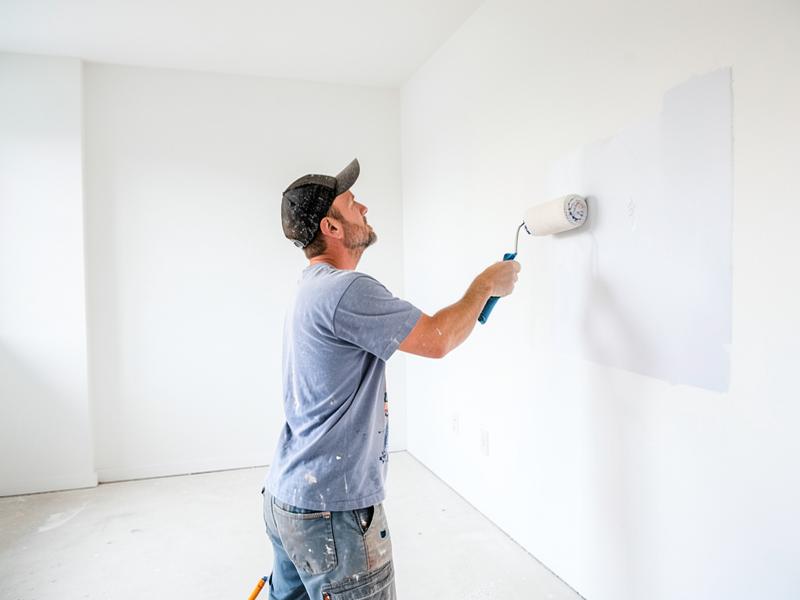 Peintre appliquant de la peinture au rouleau sur un mur